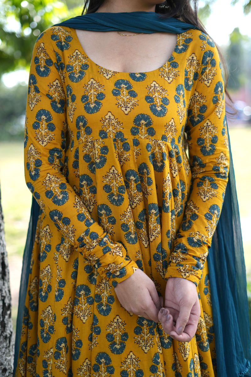 Gulmohar Mustard Anarkali suit set Jonaya
