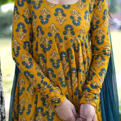 Gulmohar Mustard Anarkali suit set Jonaya