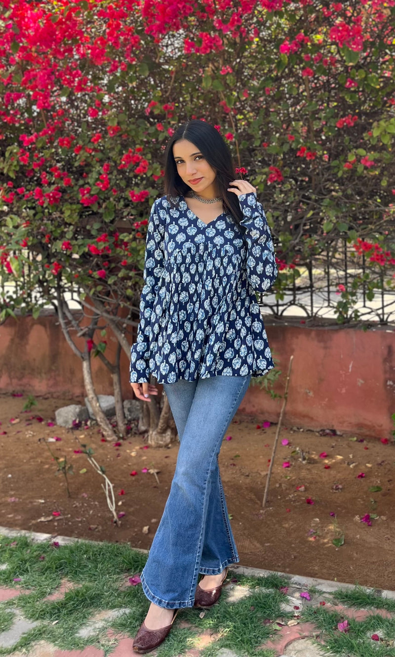 Blue lotus full sleeves peplum top - Jonaya