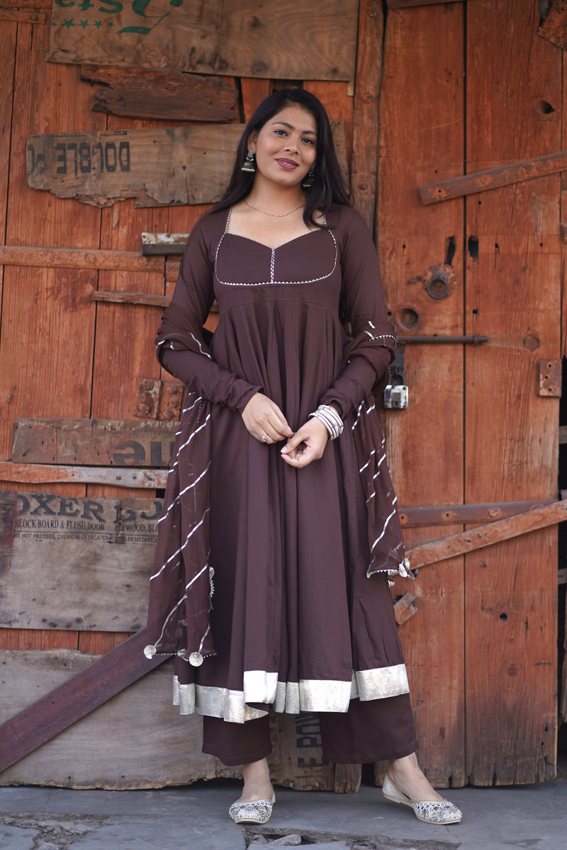 Brown Solid flare Anarkali set Jonaya