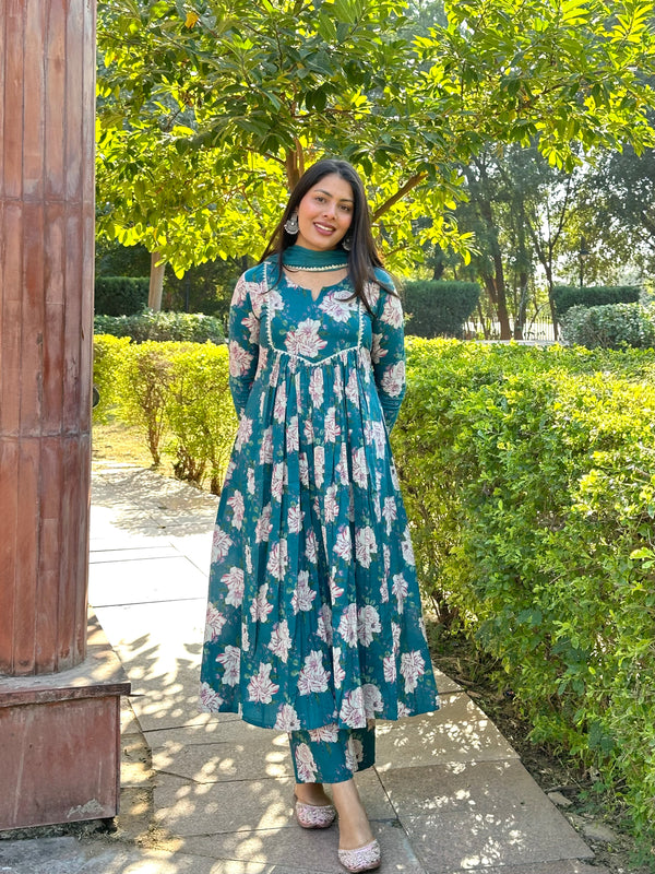 Rama Green Floral Flare Suit Set - Jonaya