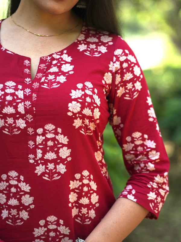 Red Block Floral Straight Suit Set - Jonaya