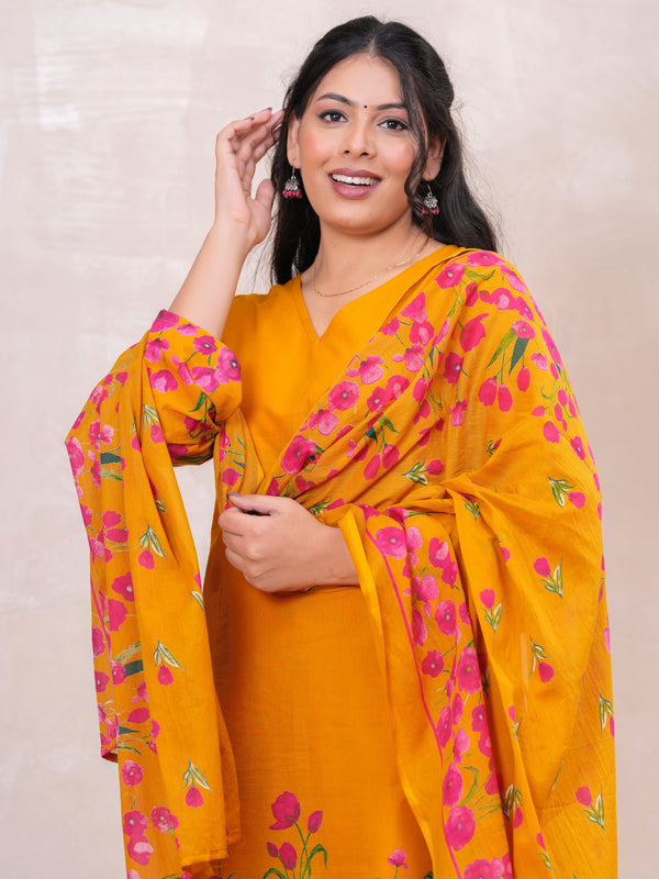 Pink Yellow Floral Straight Kurta Set - Jonaya