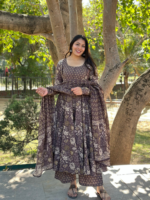 Blissful Brown Floral Suit Set - Jonaya