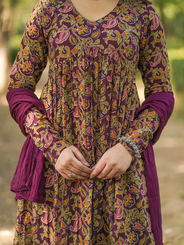 Wine Printed Floral Aliacut Suit Set - Jonaya