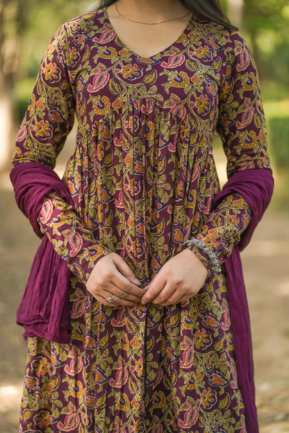 Wine printed floral suit set