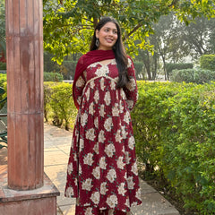 Maroon beige bliss cotton suit set - Jonaya