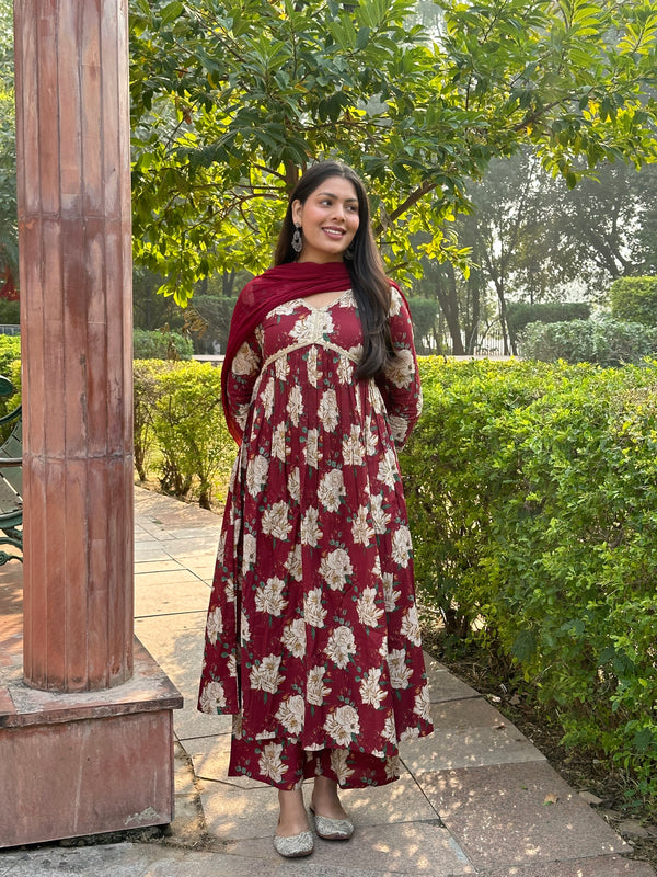 Maroon Beige Bliss Cotton Flare Suit Set - Jonaya