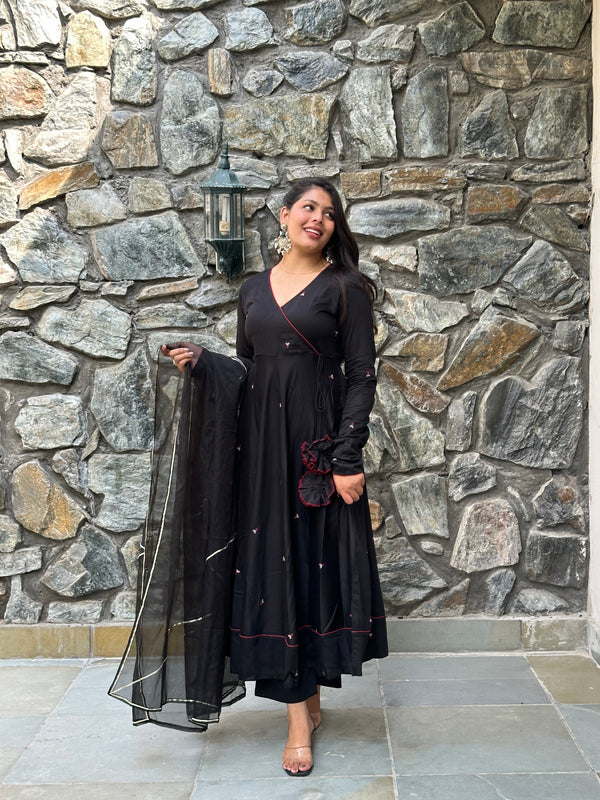 Black Self Embroidered Flare Suit Set - Jonaya