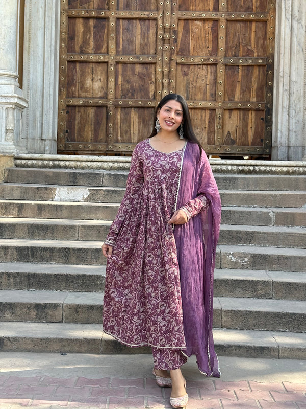 Purple Paisley Cotton Flare Suit Set - Jonaya