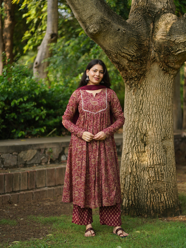 Maroon Paisley Lace Flair Suit Set - Jonaya