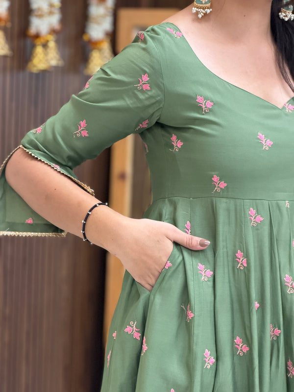 Pista Gulab Embroidery festive Anarkali set Jonaya