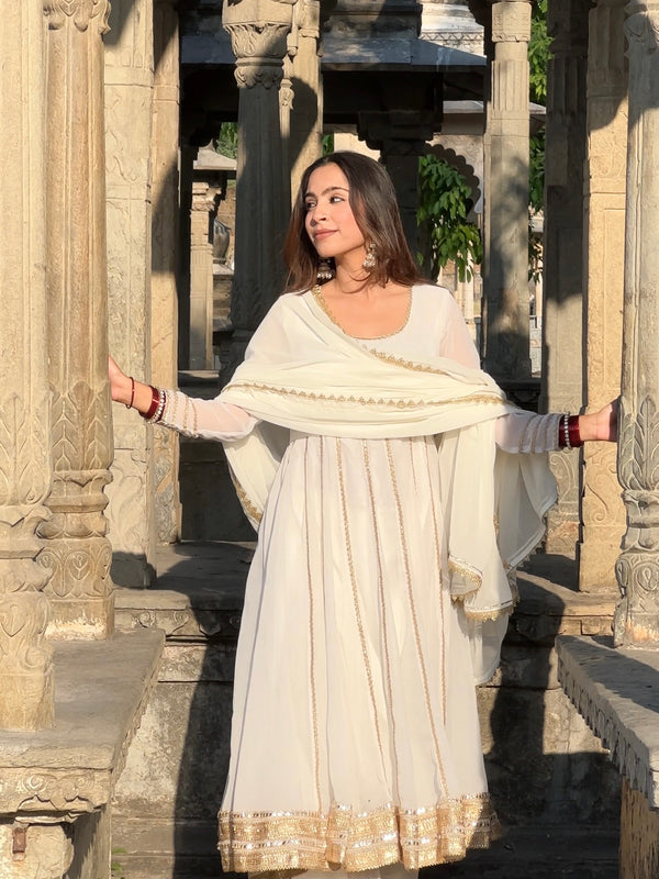 White and Gold Georgette Anarkali Set - Jonaya
