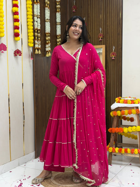 Pink Polki full tier Anarkali set