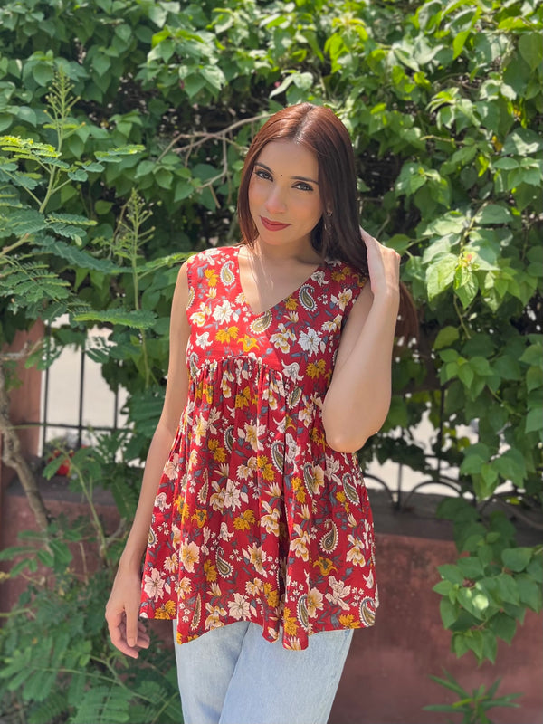 RED Garden Cut Sleeves Peplum Top - Jonaya