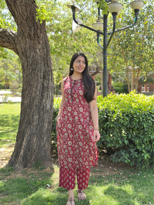 Maroon Black Floral Co-ord Set - Jonaya