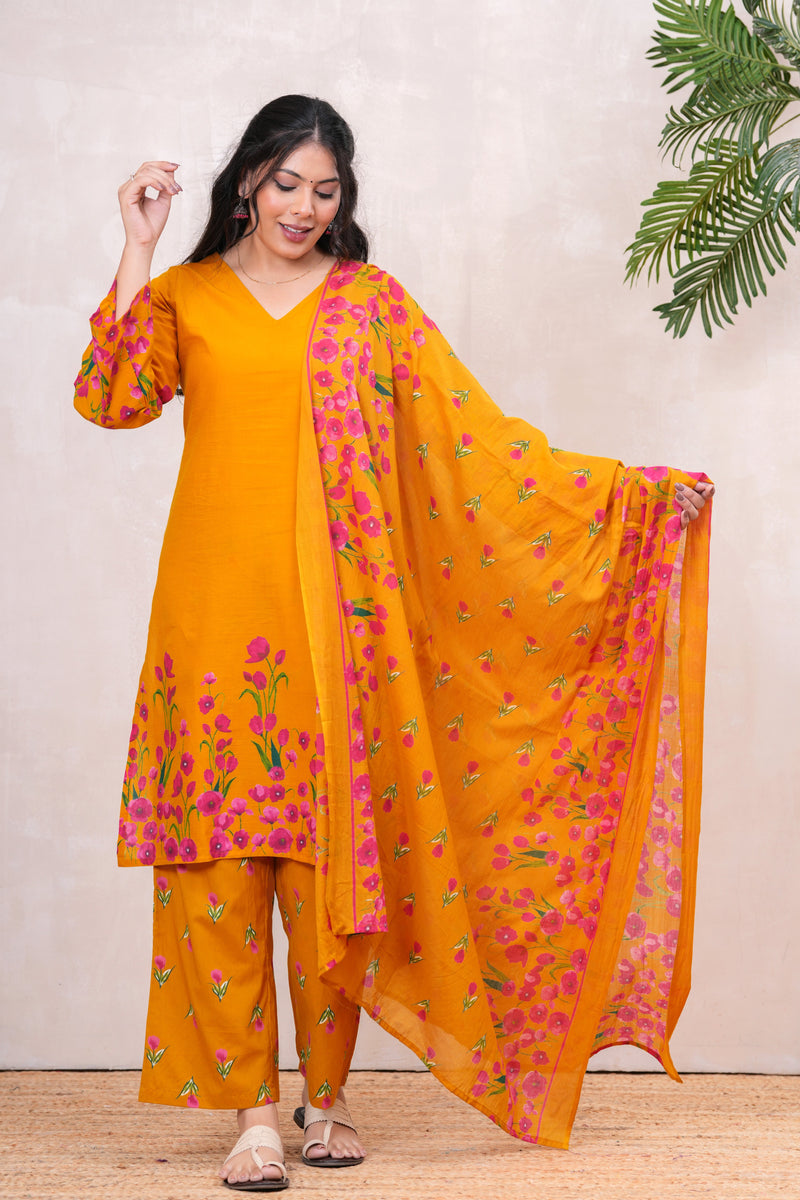 Pink yellow floral straight kurta set Jonaya