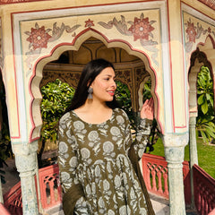 Olive floral Anarkali suit set - Jonaya