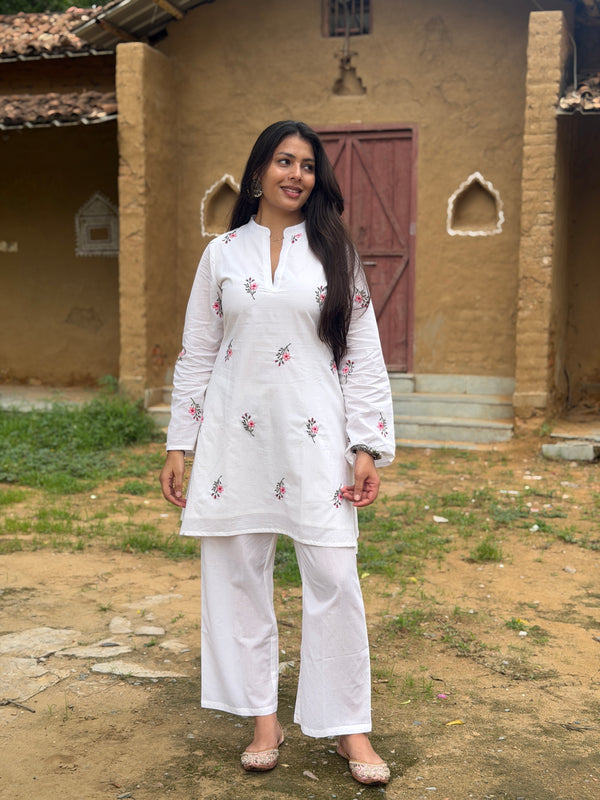 Blossom White Embroidered coord set