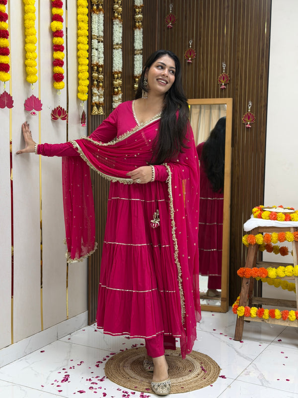 Pink Polki full tier Anarkali set