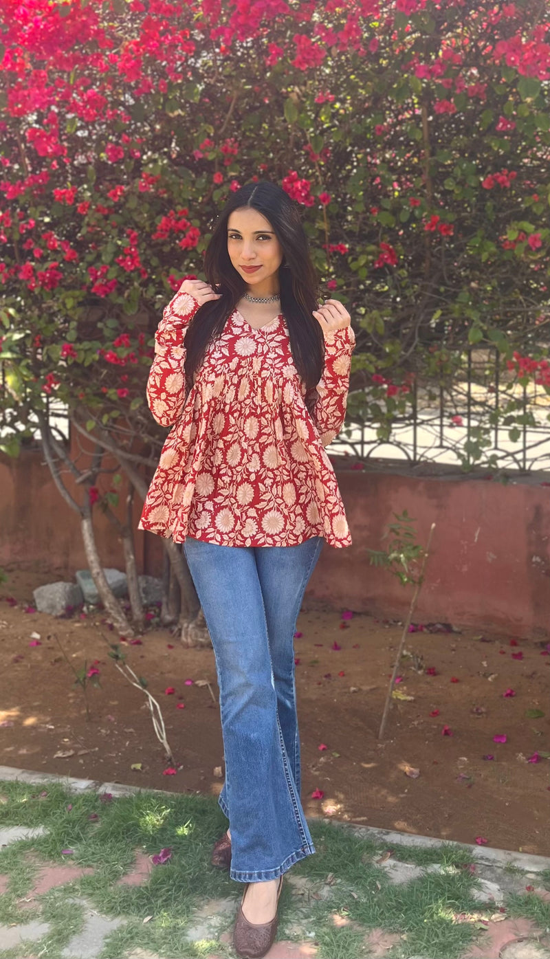 Red sunflower full sleeves peplum top - Jonaya