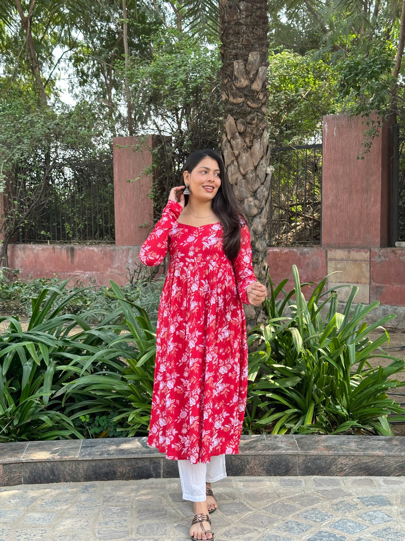 Red White floral Anarkali kameez - Jonaya