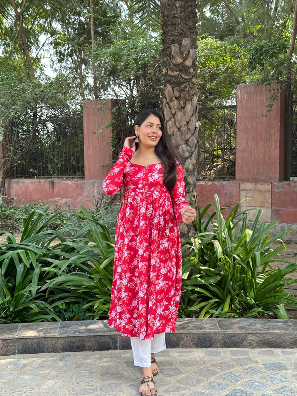 Red White Floral Anarkali Kameez - Jonaya