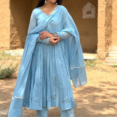 Powder blue white embroidery Anarkali