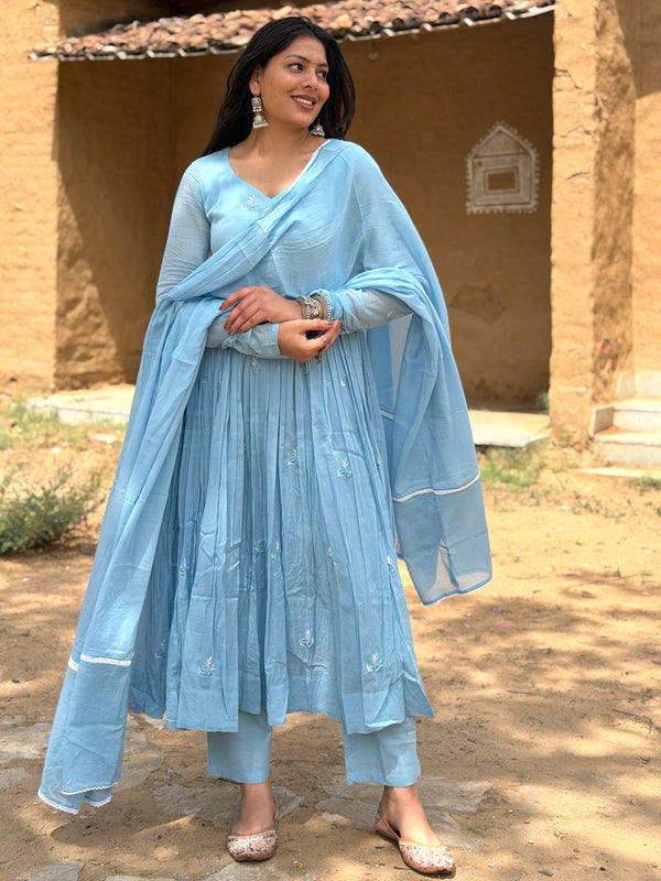 Powder blue white embroidery Anarkali