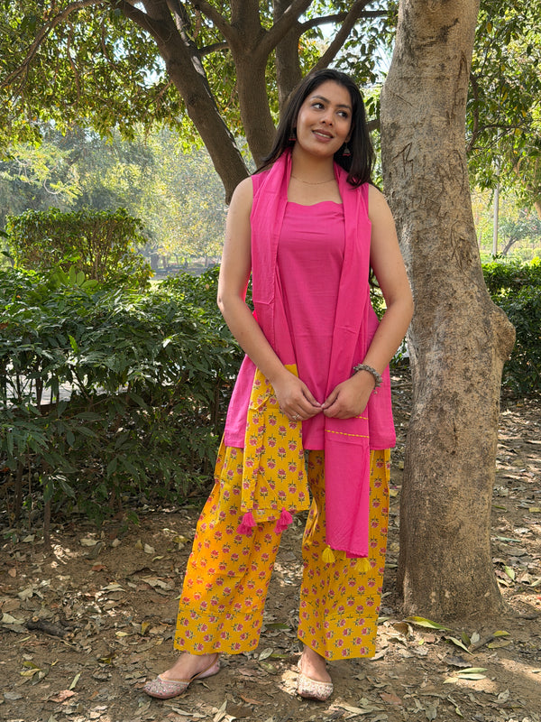 Yellow pink flory farshi salwar set Jonaya