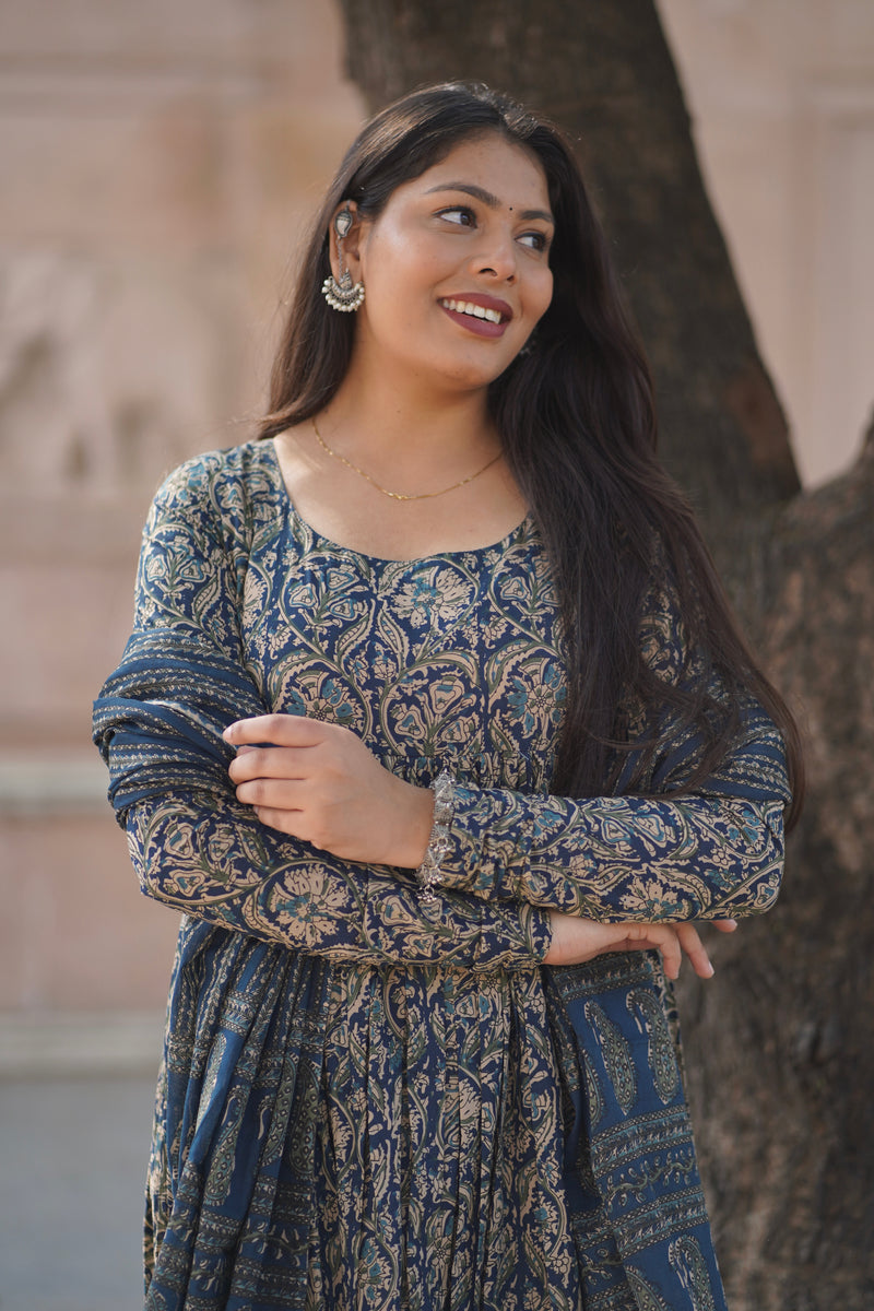Blue kalamkari anarkali suit set