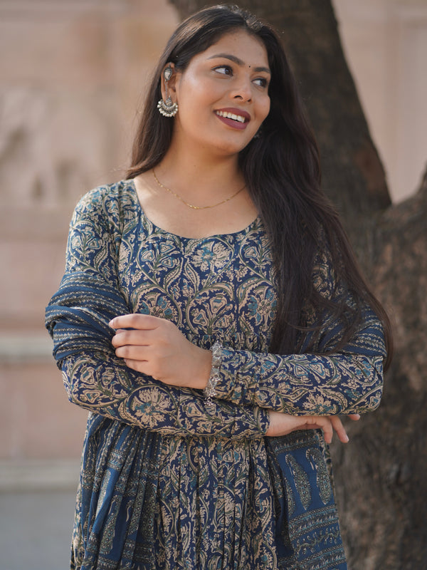 Blue kalamkari anarkali suit set