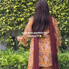 Mustrad brown Farsi salwar 3pcs set Jonaya