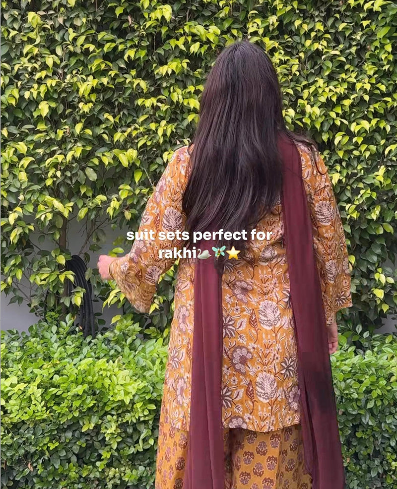 Mustrad brown Farsi salwar 3pcs set Jonaya