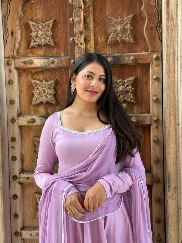 Butter Purple White Lace Flare Suit Set - Jonaya