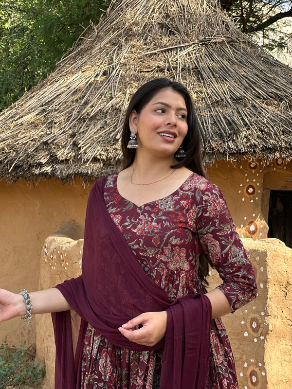 Grey Wine Rose Flare Suit Set - Jonaya