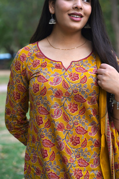 Yellow Red Floral Straight Suit Set