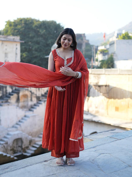 Jharoka Orange Pure Mul Anarkali set