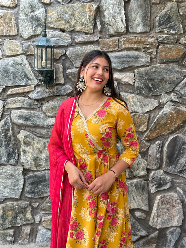 Yellow Pink Festive Anarkali Suit Set - Jonaya