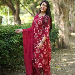 Red block floral straight suit set - Jonaya
