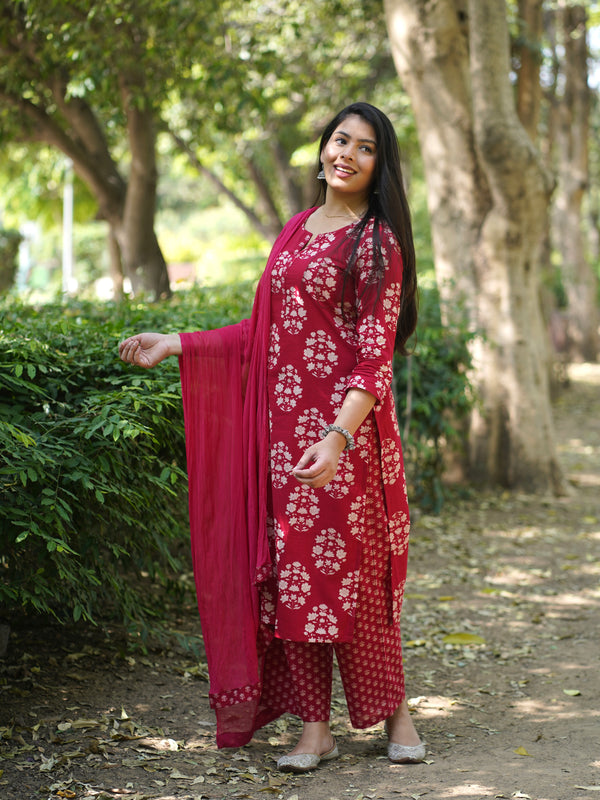 Red Block Floral Straight Suit Set - Jonaya