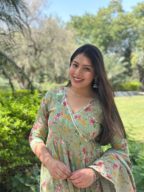 Pista Green Angrakha Gota Lace Anarkali Suit Set - Jonaya