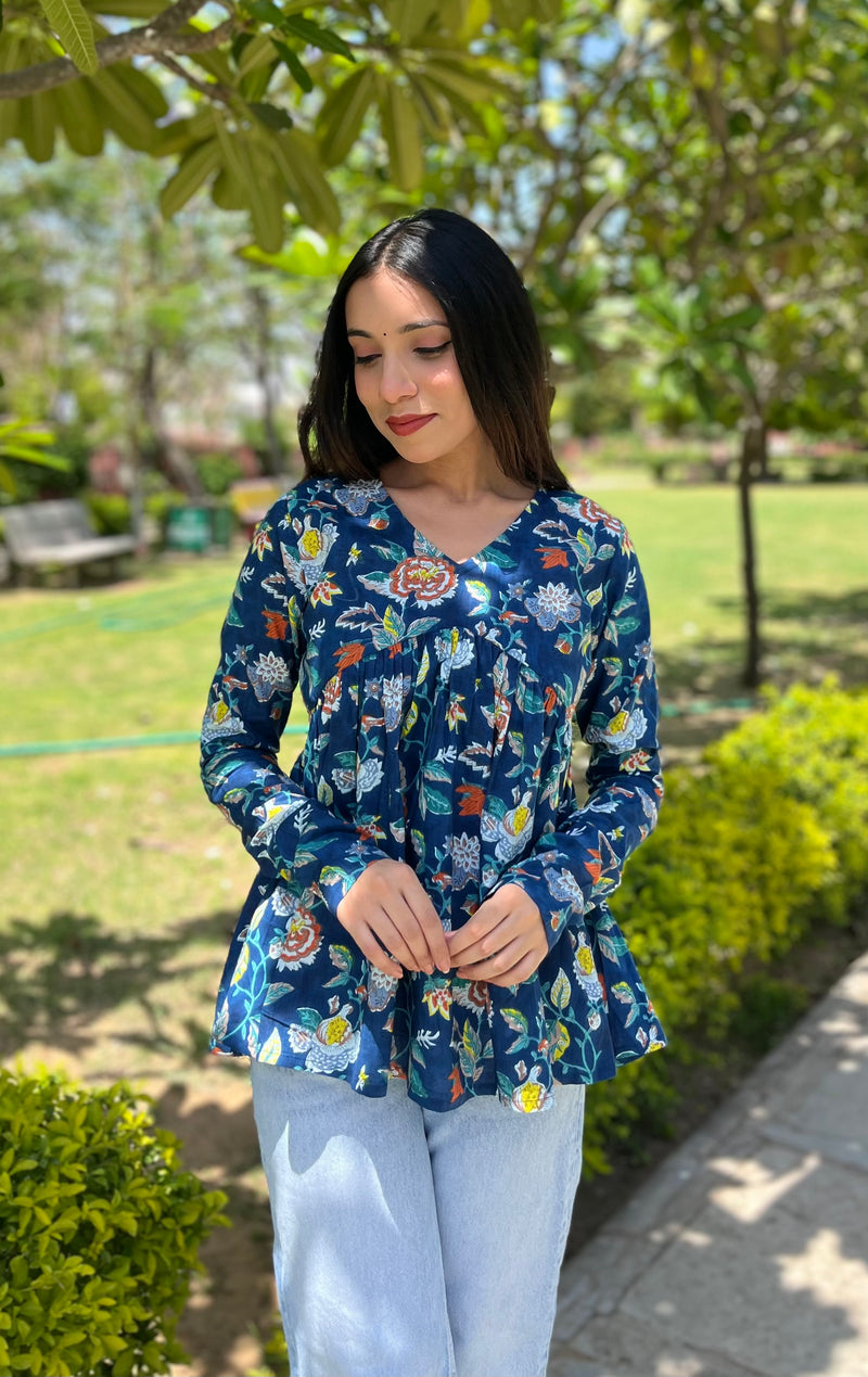Indigo bloom full sleeve Peplum top - Jonaya