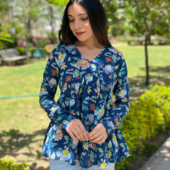 Indigo bloom full sleeve Peplum top - Jonaya