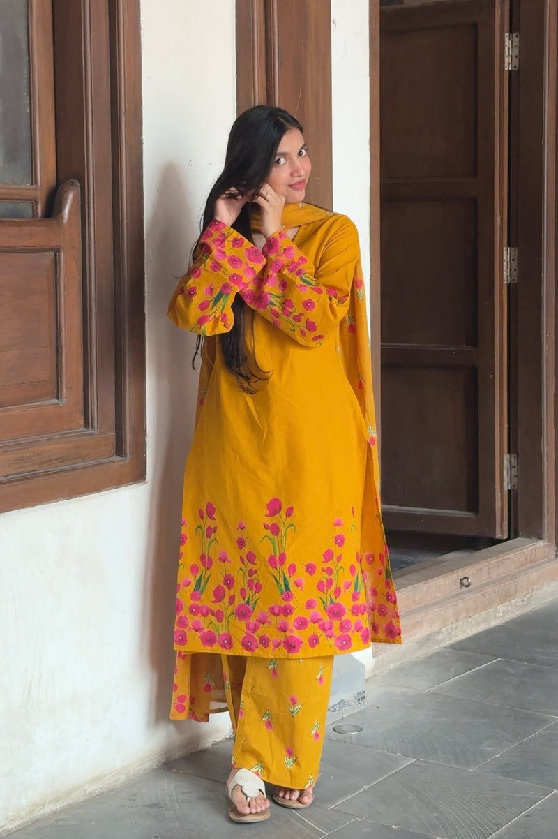 Pink Yellow Floral Straight Kurta Set Jonaya