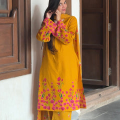 Pink Yellow Floral Straight Kurta Set Jonaya