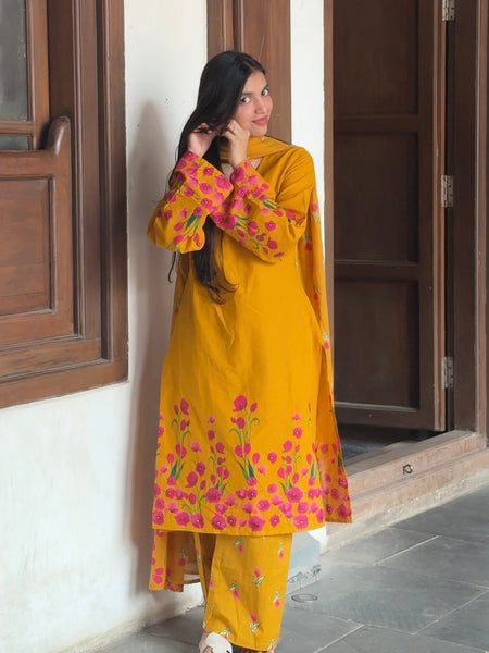 Pink Yellow Floral Straight Kurta Set Jonaya