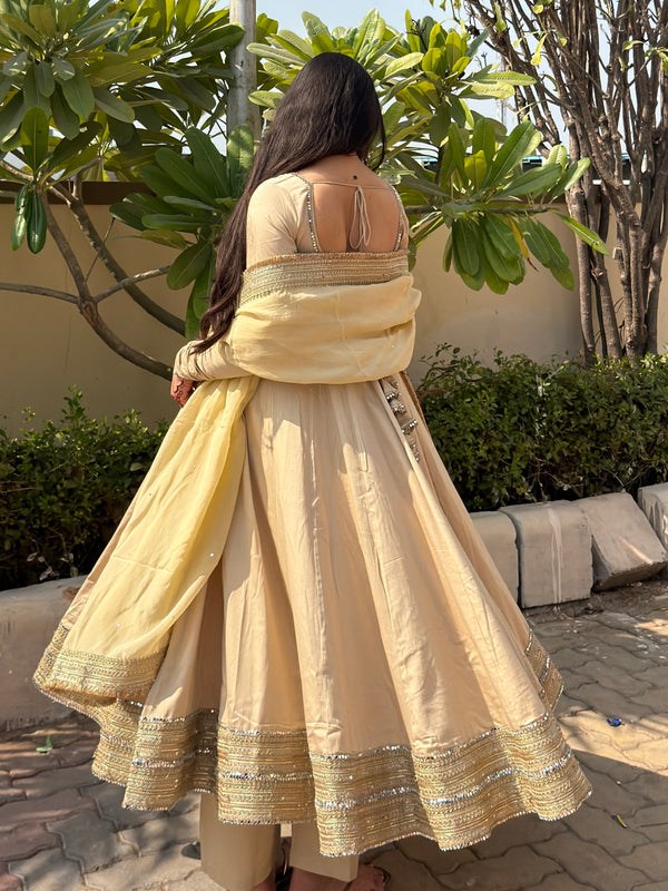 Beige heavy mirror pure organza silk Anarkali set Jonaya