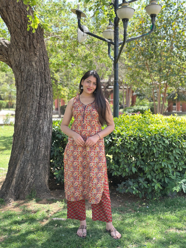 Red Kalamkari Dori Co-ord Set - Jonaya