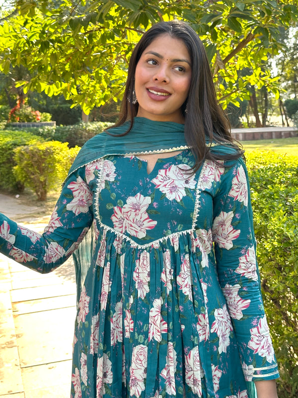 Rama Green Floral Flare Suit Set - Jonaya